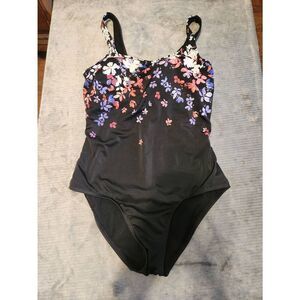 Swimsuits For All Black & Purple & Pink Floral One Piece Swimsuit Size 12